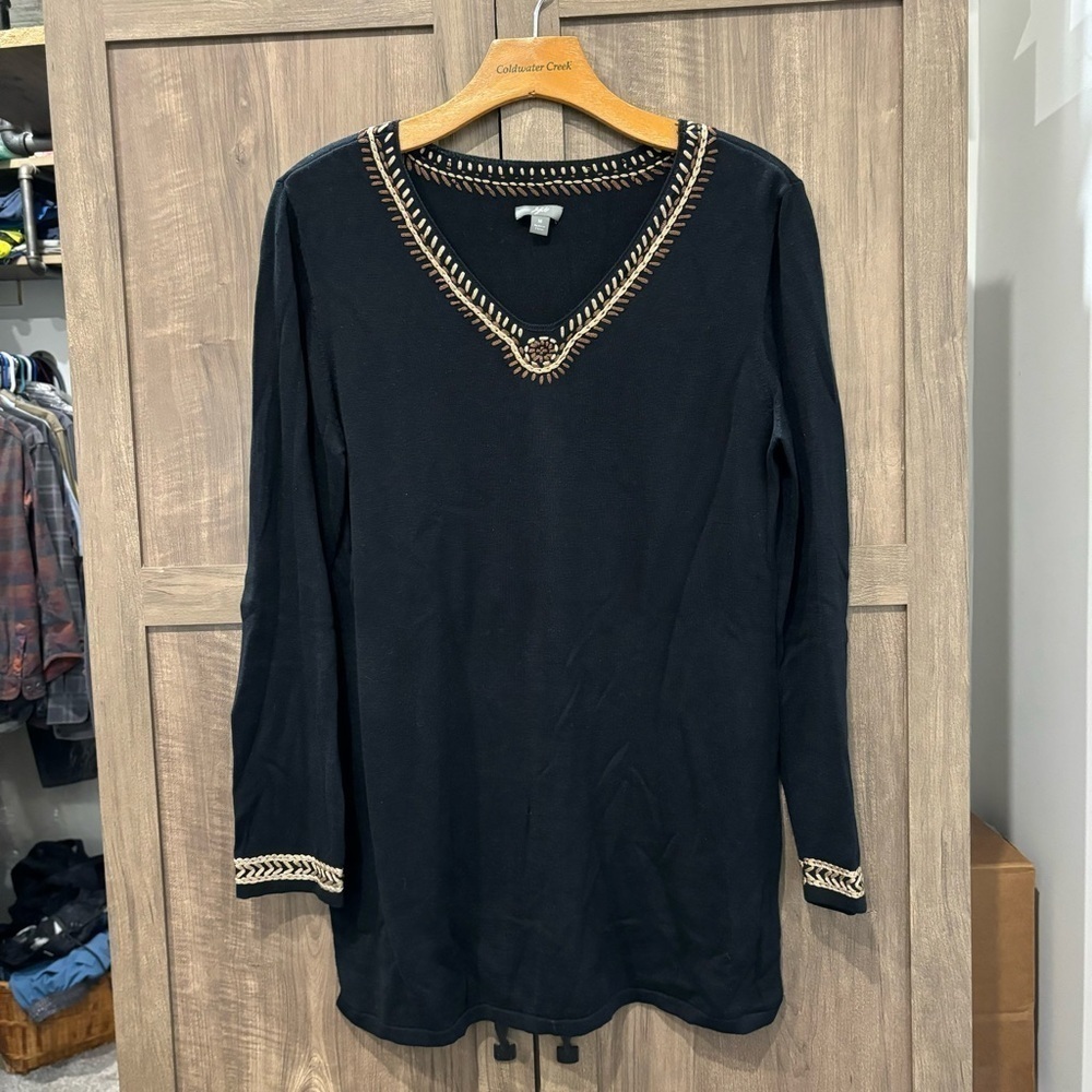 J Jill Medium Sweater Tunic Black Embroidered Silk Blend V Neck Long Sleeve - Picture 1 of 12